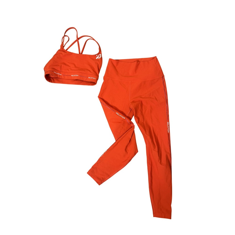 Peloton Set Womens Small Orange Sports Bra Leggings Logo 2 Piece Workout
